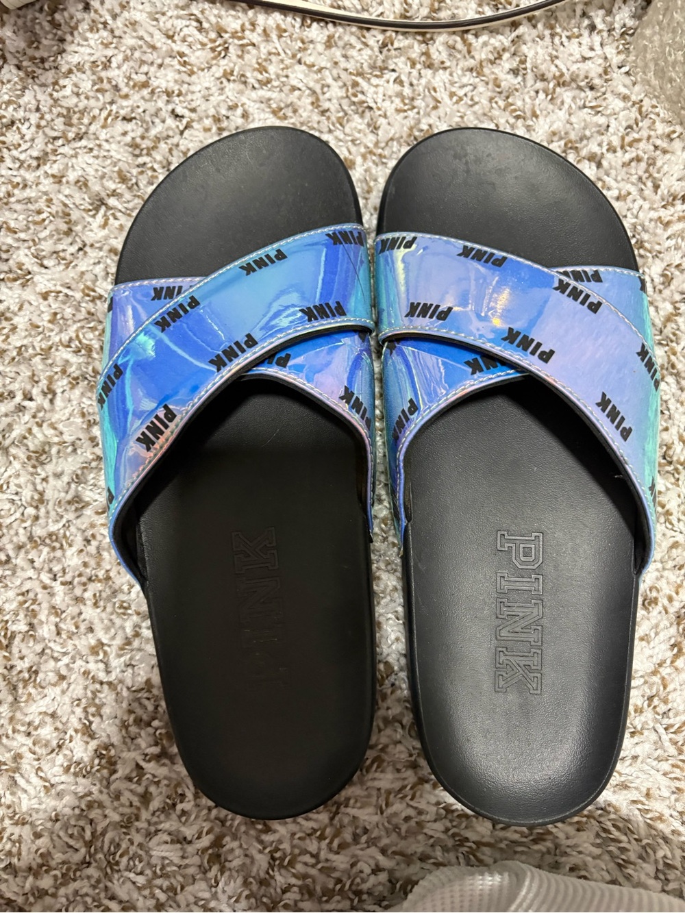 PINK Victoria's Secret Iridescent Blue-Green Logo Slide Sandals